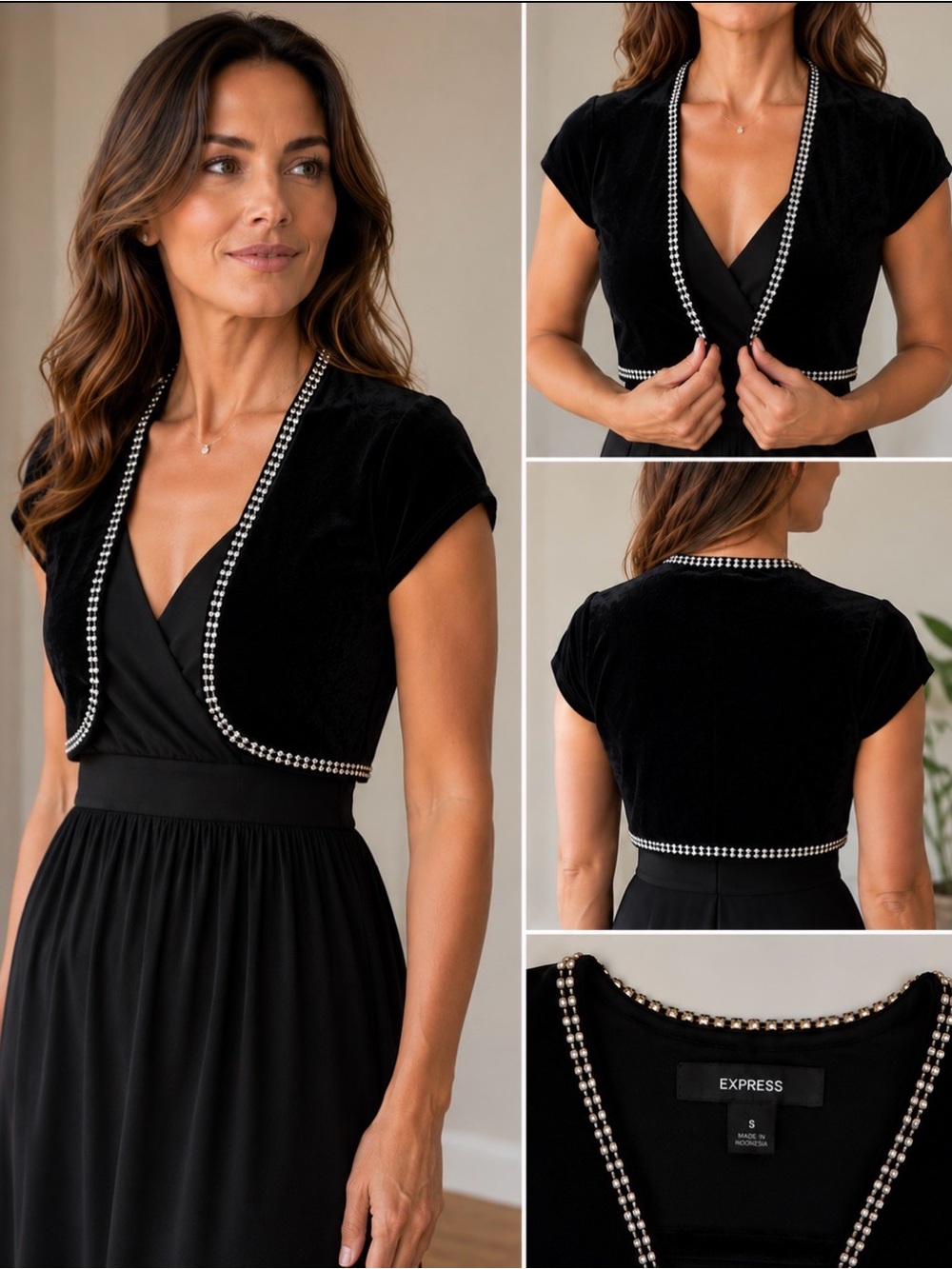 Stunning Express Black Velvet Cropped Bolero with Rhinestone Trim